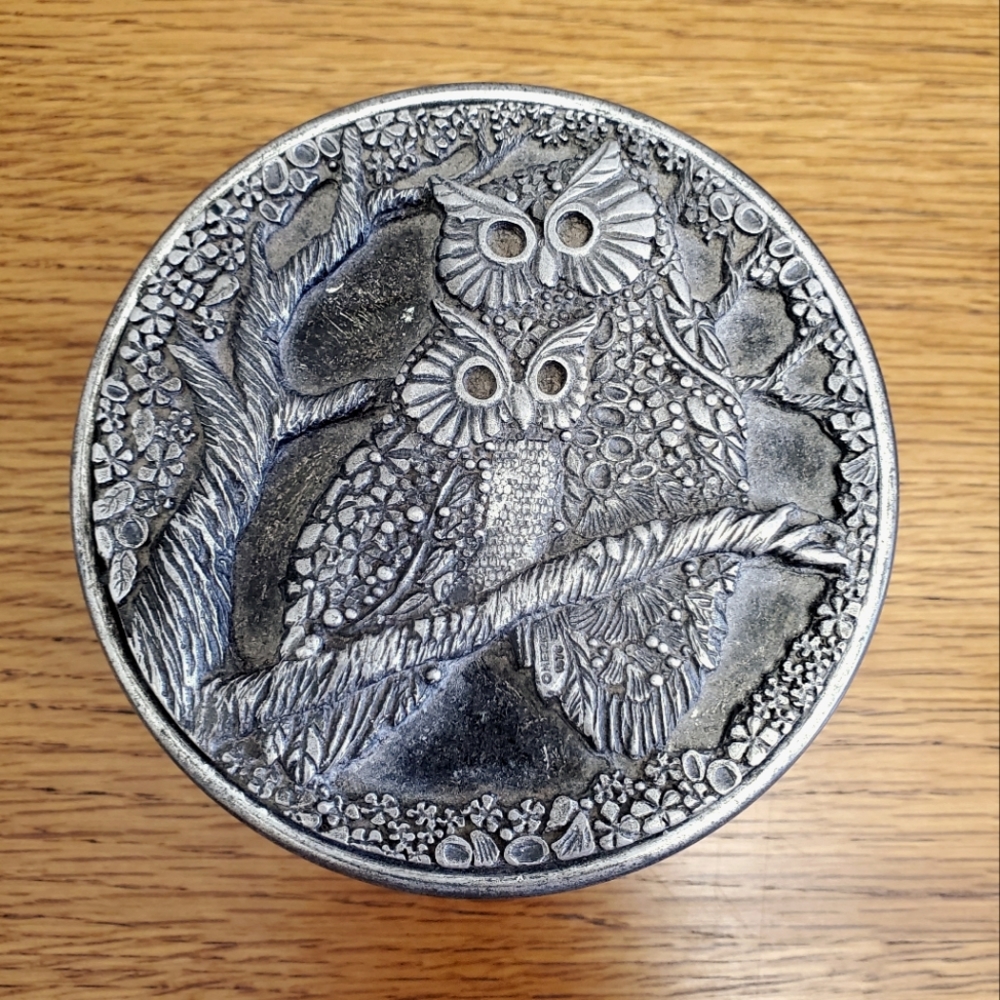Vintage 1978 Metzke Pewter Trinket Box Owl Pair
